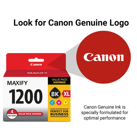 PGI-1200XL Four Color Ink Value Pack for MAXIFY Printers shown with Canon logo, ideal for MB2120, MB2720, black up to 1200 pages