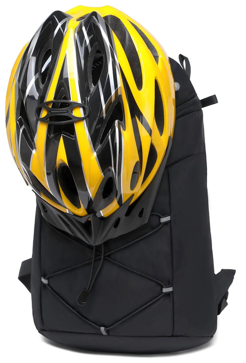 Lightweight Insulated Hydration Backpack With 2L Or 3L Water Bladder For Hiking, Trail Running, Cycling And Race Day shown with helmet attached