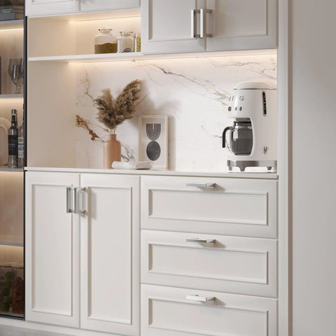 White kitchen cabinets with Brushed Nickel Cabinet Pulls Set Of 30 3-3/4 Inch Square Drawer Handles for elegant modern design