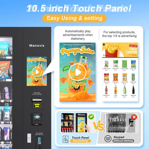 Beverage And Snack Combo Vending Machine For Businesses With Credit Card Reader Bill And Coin Acceptor Refrigerated Cold Drinks Temperature Control And Touch Screen For High Traffic Venues, close-up of touch screen and payment options