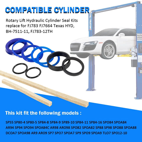 Hydraulic cylinder seal kit with blue and black rubber O-rings for Rotary Lift compatible SPO9/SP0A9/SPO7 models