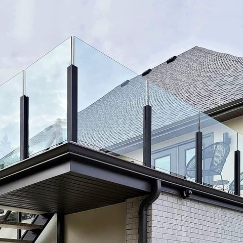Legit Outdoor Deck Glass Balustrade Post And Pool Patio Balcony Railing System featuring black stainless steel posts and tempered glass.