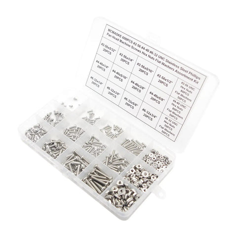 Stainless Steel 304 Phillips Pan Head Screws Set With Hex Nuts And Flat Washers, Coarse Thread, Sizes 2 56, 4 40, 6 32 UNC, 600 Pieces