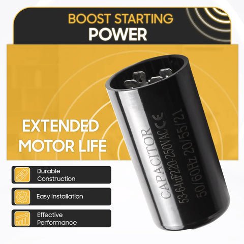 Universal Fit 53 64 uF Motor Start Capacitor 220 250V AC 50 60 Hz Round CD60 For Single Phase Motors displayed with features