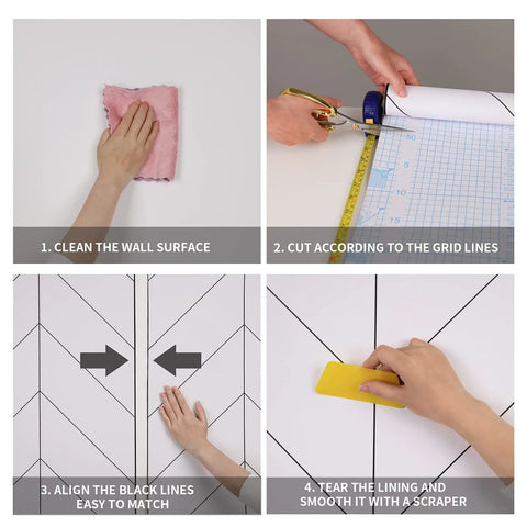 Steps to apply Black And White Peel And Stick Wallpaper For Easy DIY Decor, Modern Striped Geometric Herringbone Self Adhesive Removable Contact Paper For Walls And Furniture, 17.71 By 118 Inches shown, including cleaning, cutting, aligning, and smoothing.