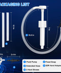 Packaging list of Premium Transmission Fluid Pump For Standard Quart Bottles, 8cc Per Stroke, includes hose, adapter, and straws.