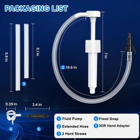 Packaging list of Premium Transmission Fluid Pump For Standard Quart Bottles, 8cc Per Stroke, includes hose, adapter, and straws.