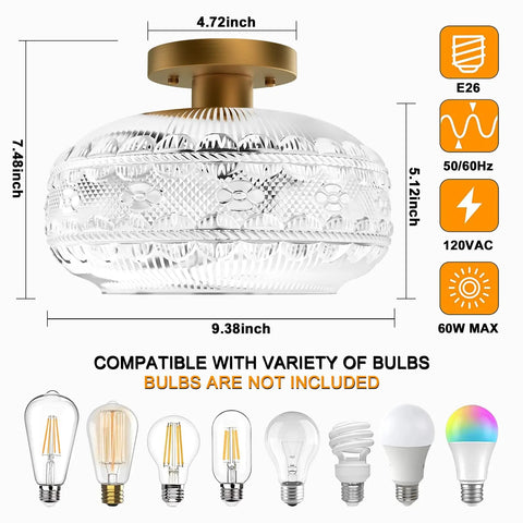 Industrial Semi Flush Mount Gold Globe Glass Ceiling Light Fixture For Hallways Entryways Kitchens And Bathrooms Vintage