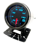 Front view of a 52mm oil pressure gauge with blue LED digits, 0–140 PSI, red needle, mounted on a black bracket.
