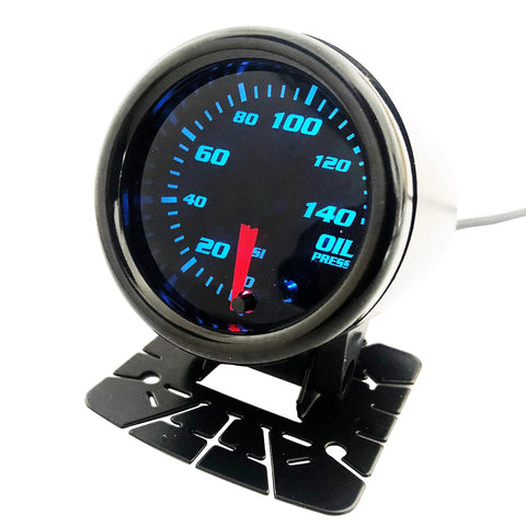 Front view of a 52mm oil pressure gauge with blue LED digits, 0–140 PSI, red needle, mounted on a black bracket.