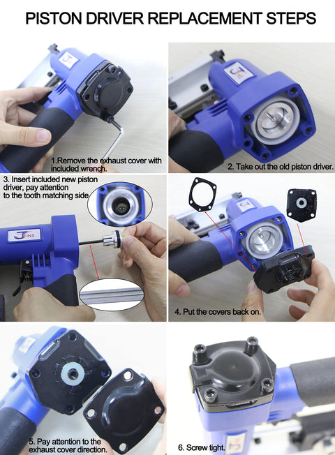 Piston driver replacement steps for Lightweight 23 Gauge Pin Nailer For Woodworking With Pneumatic Power, ergonomic grip handle.