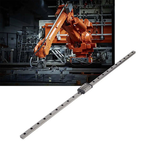 Black Linear Rail Guide 12mm Wide 550mm Length Miniature Precision Linear Motion System With Four Point Contact Block Pro next to a robotic arm