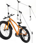 Ceiling Bike Mount Hanger Set Built Tough Steel Bicycle Lift Hoist With Safety Lock Adjustable Height Pulley System, side view.