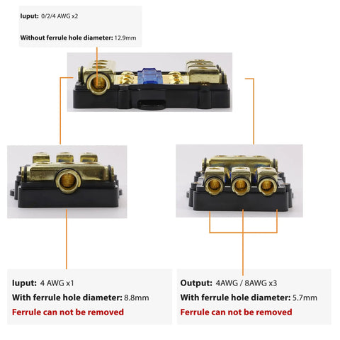 Heavy Duty ANL Fuse Holder 60 Amp 3 Way Wiring Distribution Block for Marine with detailed input/output specifications.