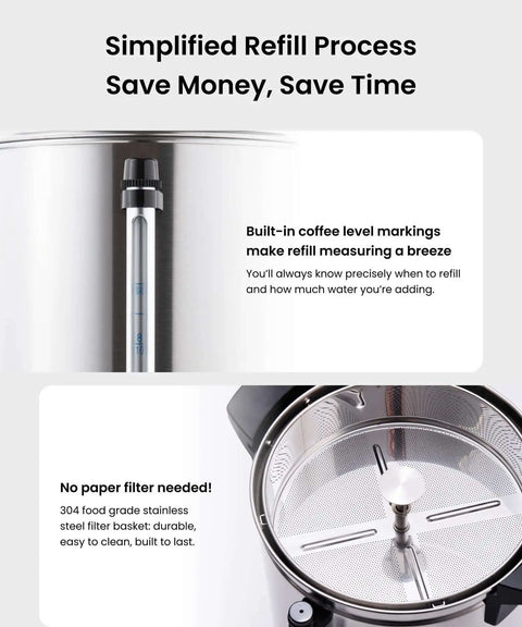 Massive 18 Liter Commercial Coffee Urn And Hot Beverage Dispenser Stainless Steel Percolator Maker interior with markings and metal basket