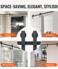 Eight Foot Sliding Barn Door Hardware Kit With 330 Lbs Capacity installed in kitchen, bedroom, shower room, and cloakroom.