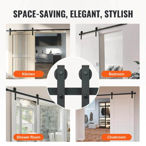 Eight Foot Sliding Barn Door Hardware Kit With 330 Lbs Capacity installed in kitchen, bedroom, shower room, and cloakroom.