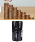 5 In 1 Coin Counter And Sorter With Coin Wrappers Compact Digital Coin Sorter Machine beside stacked coins and clock