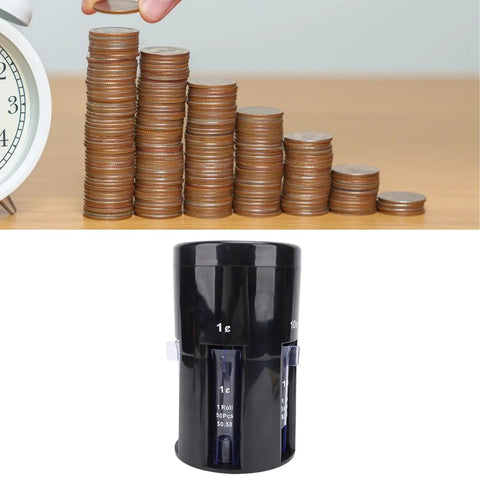 5 In 1 Coin Counter And Sorter With Coin Wrappers Compact Digital Coin Sorter Machine beside stacked coins and clock
