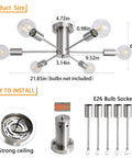 Six Light Sputnik Ceiling Light Fixture for Kitchen Dining Room Living Space Modern Mid Century Chandelier Style Nickel Metal