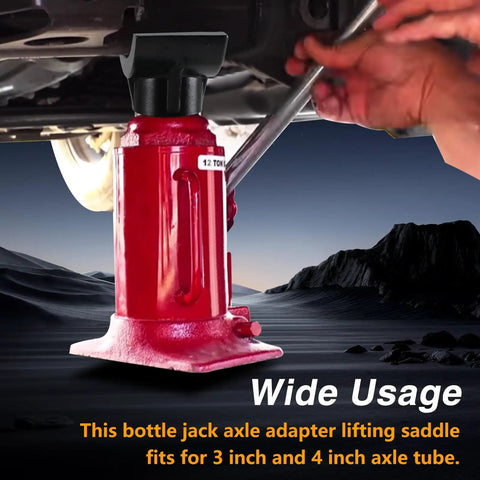 Heavy Duty Two In One Hydraulic Bottle Jack Adapter With Rock Solid Steel Lifting Saddle For Secure Raises On Three Or Four Inch Axle Tubes Pro Shop Gear For Tough Garage Builds And Daily Lifts