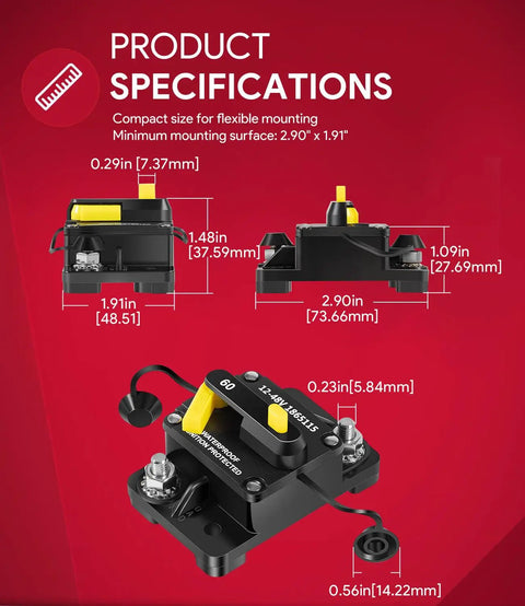 60 Amp Waterproof Circuit Breaker For All 12V To 48V Electric Trolling Motors MKR-27 Replacement Part specifications diagram
