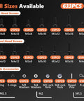 Chart of 633 piece RC screw kit components, includes hex screws and accessories, Ultra Strong 633 Piece RC Screw Kit with 10.9 grade carbon steel.
