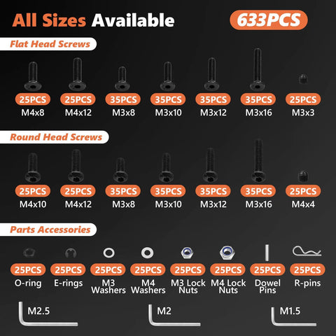 Chart of 633 piece RC screw kit components, includes hex screws and accessories, Ultra Strong 633 Piece RC Screw Kit with 10.9 grade carbon steel.