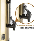 Close-up of non-drip tap on 6L Coffee Urn Hot Beverage Dispenser Electric Coffee Percolator With Double Wall Stainless Steel 38 Cup Capacity Commercial Grade Large Coffee Maker For Party Home Catering Gold Color.