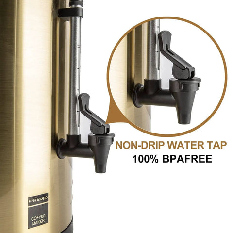 Close-up of non-drip tap on 6L Coffee Urn Hot Beverage Dispenser Electric Coffee Percolator With Double Wall Stainless Steel 38 Cup Capacity Commercial Grade Large Coffee Maker For Party Home Catering Gold Color.