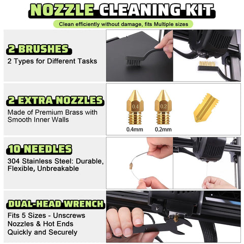 3D printer nozzle cleaning kit with brass 0.4mm/0.2mm nozzles, two brushes, 10 stainless steel needles, and a dual-head wrench