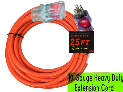 25 ft orange 10 gauge heavy duty extension cord with lighted ends and grounded plugs, suitable for indoor and outdoor use