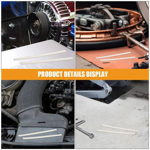 Grab These Top Shelf White Plastic Welding Rods Perfect For Quick Auto Bumper Fixes And Smooth Repair Kits That Make DIY Car Work A Total Breeze With 40 Pieces Included displayed on various garage surfaces.