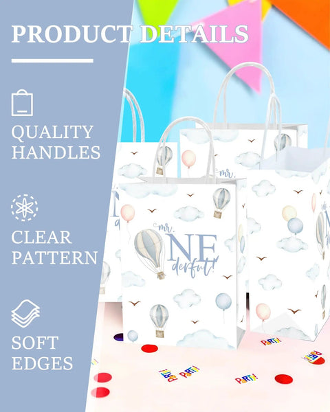 Hot Air Balloon Themed First Birthday Goodie Bags For Baby Boy Party Favors And Decorations Treat Bags For Snacks Mr Wonderful Style Party Supplies For A Cute First Birthday Bash with quality handles and clear pattern displayed.