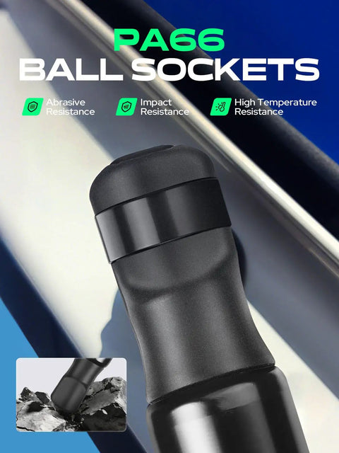 Close-up of PA66 ball sockets showing abrasive, impact, and high temperature resistance for Porsche Front Hood Lift Supports Set Of 2 Direct Fit Gas Struts Replacement For 911 2006 2013 Boxster 2005 2012 Cayman 2006 2012 Easy Install No Fuss Durable Hood Shocks For Smooth Open