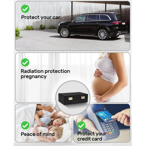 Collage showing Faraday Shield Fabric With Copper Nickel Polyester uses for car protection, pregnancy, sleep, and credit card security.
