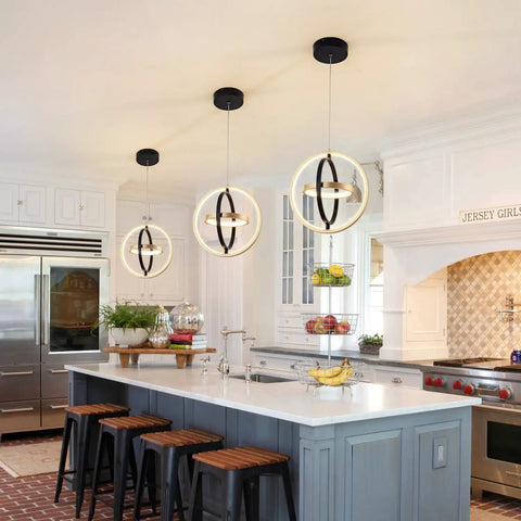Modern LED Chandelier With Adjustable Lit Three Ring Round Design In Black And Gold 3000K Warm White Light For Dining Room Kitchen Island Hallway And Bedroom Large 19.7 Inch Wide illuminating kitchen