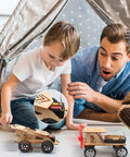 Father and son playing with 5 In 1 STEM Kit For Kids Ages 8 To 12 Build Five Model Cars Wooden 3D Puzzles Hands On Science Toys