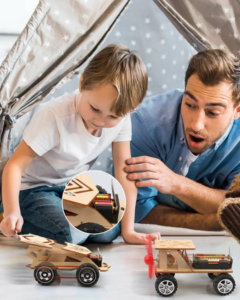 Father and son playing with 5 In 1 STEM Kit For Kids Ages 8 To 12 Build Five Model Cars Wooden 3D Puzzles Hands On Science Toys