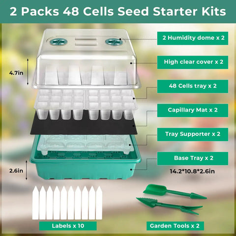 Two Pack Self Watering Seed Starter Tray Kit With 96 Cells Humidity Vented Domes And Tall Lid For Indoor Seed Germination parts