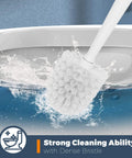 Three Pack Toilet Brushes With Holder For Deep Cleaning, white brush with stiff bristles cleaning toilet bowl with splashing water.