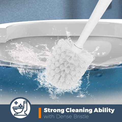 Three Pack Toilet Brushes With Holder For Deep Cleaning, white brush with stiff bristles cleaning toilet bowl with splashing water.