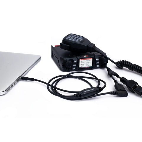UV50X2 Second Gen Beefy 50 Watt Dual Band Base Mobile Radio with RJ45 microphone connected to laptop, cables visible.