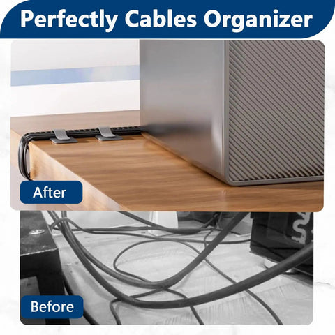 Before and after image showing 50 Pack Hook And Loop Cable Ties For Under Desk Cable Management organizing PC cables.