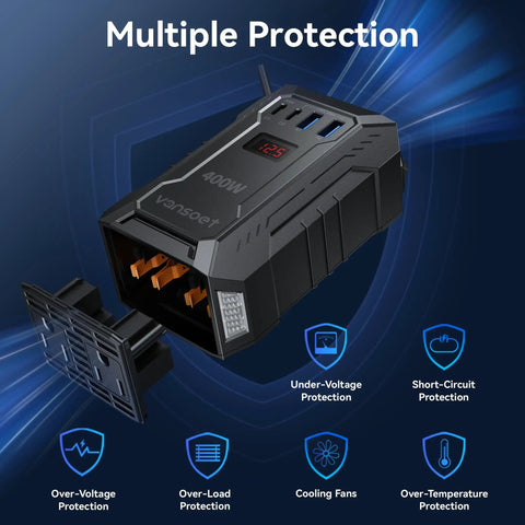 400W Car Power Inverter DC To AC Converter with safety features for stable power during road trips and commutes.