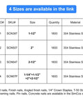 Table showing 4 sizes of Hardcore 304 Stainless Steel 16 Gauge 2 Inch Straight Finish Nails with quantity and details.