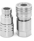 Two chrome-plated hydraulic quick-connect couplers with knurled sleeves, 5/8 in body to 3/4 in NPT threads.
