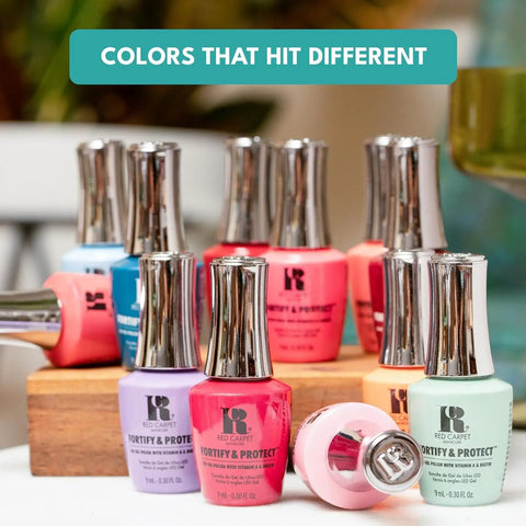 Assorted bottles of Hollywood Vibes Hema Free Gel Nail Polish Delivers Long Lasting Chip Resistant Manicure For Weeks Safe For Sensitive Skin 9ml Bottle Premium Salon Quality Gel Polish Without Hema Or Di Hema on a wooden stand.