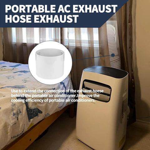 5.9 Inch Portable Air Conditioner Hose Extension Coupler with Exhaust Hose Connector next to a portable AC unit
