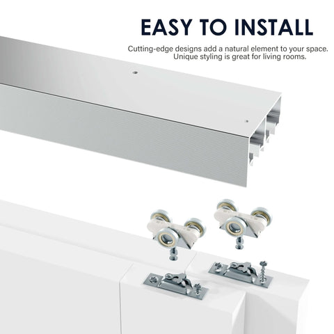 60 Inch Bypass Sliding Door Hardware Kit for Closets and Living Spaces, 5ft Double Track System, silver aluminum rail close-up view